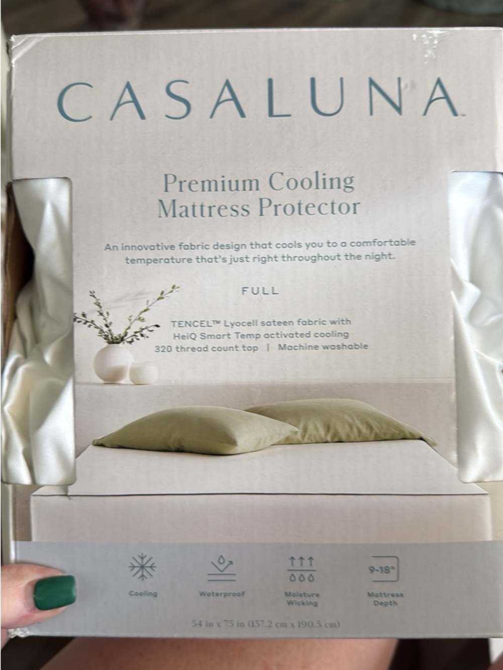 Casaluna Premium Cooling Mattress Protector - White with Sage Accent